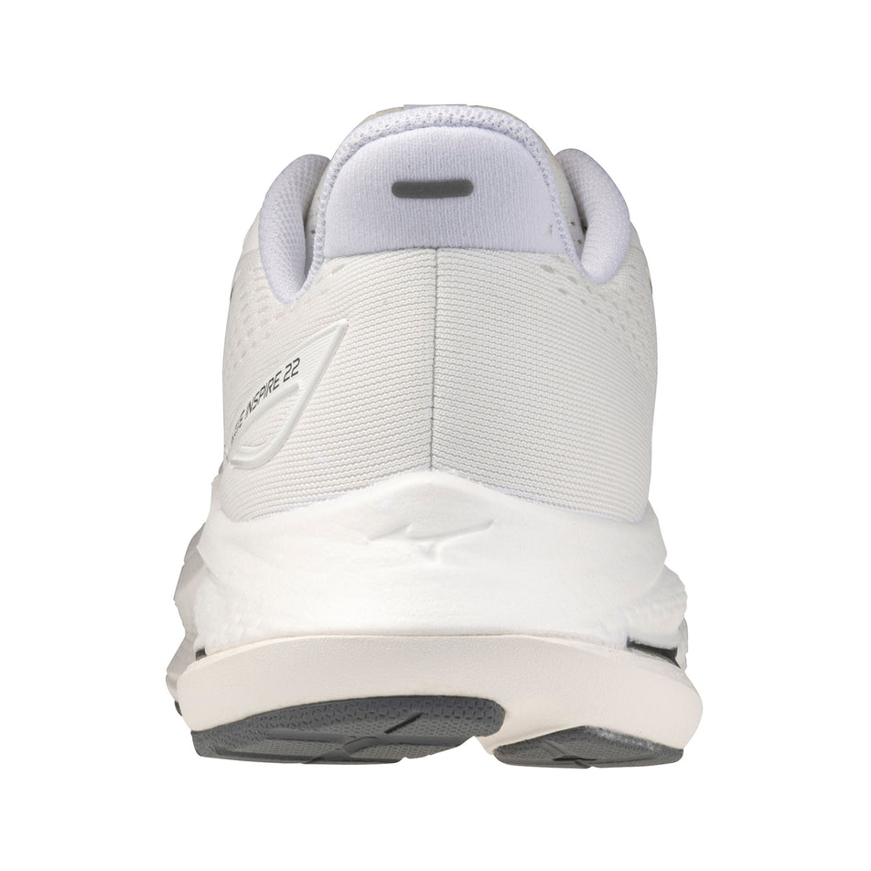 The back of the left shoe from a pair of Mizuno Men's Wave Inspire 22 Running Shoes in the White/White/White colourway.