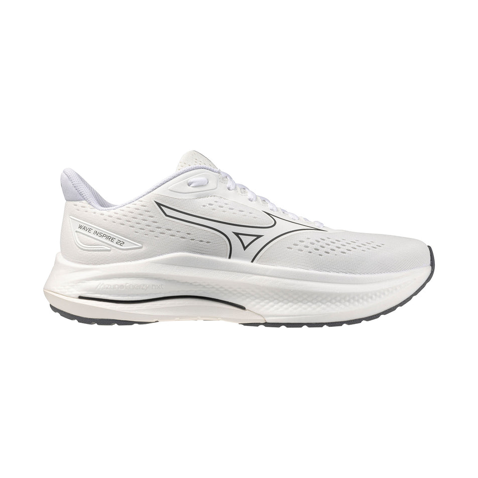 Lateral view of the right shoe from a pair of Mizuno Men's Wave Inspire 22 Running Shoes in the White/White/White colourway.