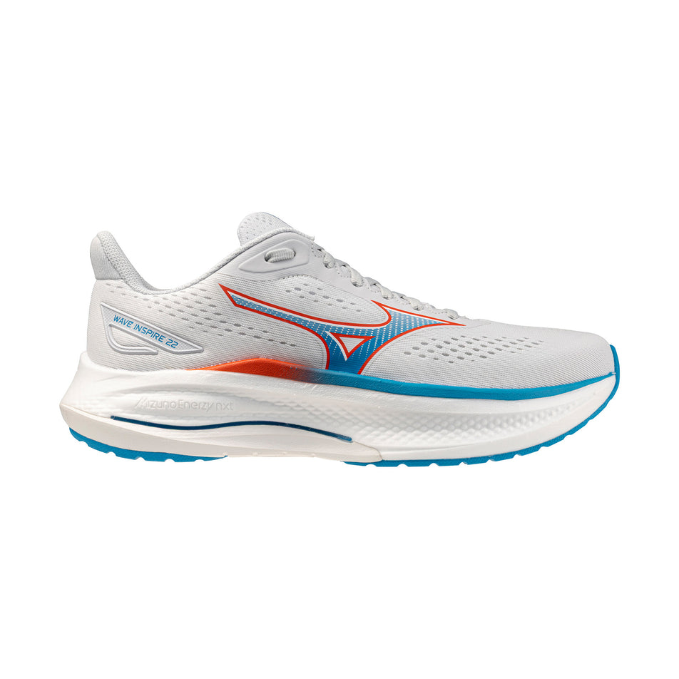 Lateral view of the right shoe from a pair of Mizuno Men's Wave Inspire 22 Running Shoes in the Cloudscape colourway.