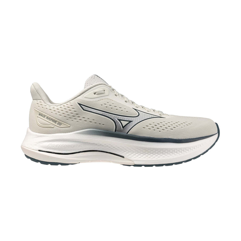 Lateral view of the right shoe from a pair of Mizuno Men's Wave Inspire 22 Running Shoes in the Foggy Dew/White/Dark Slate colourway.