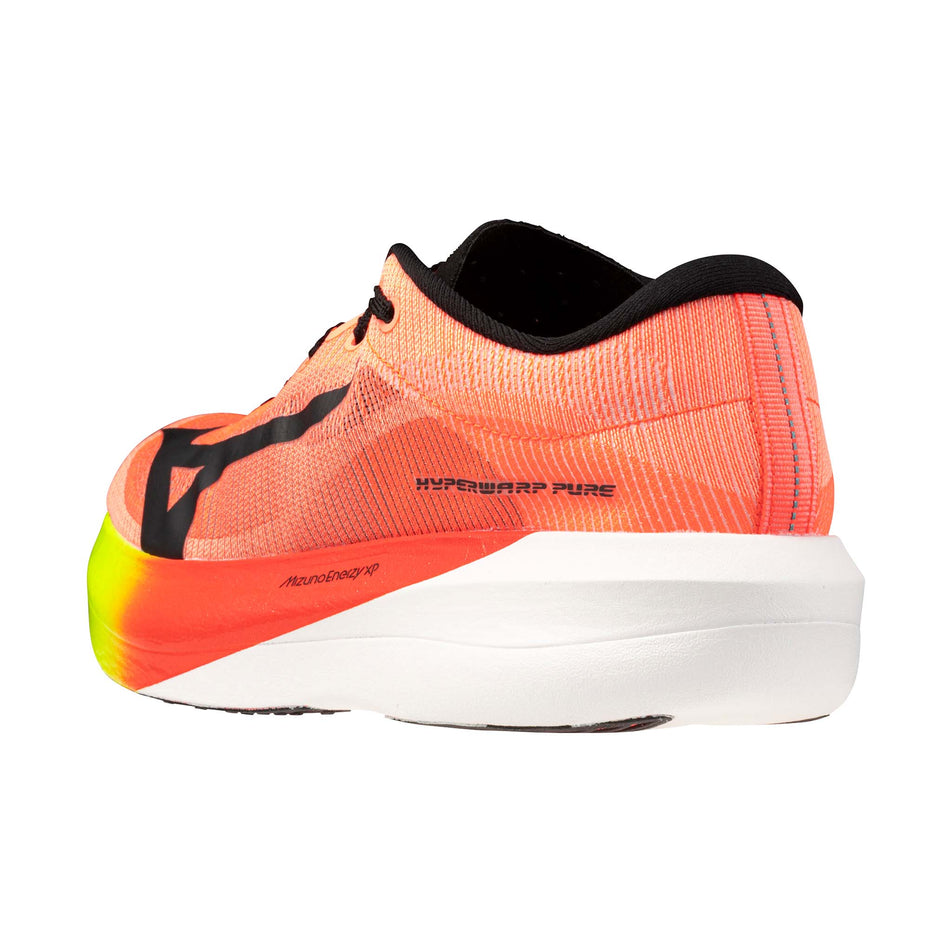 Lateral view of the left shoe from a pair of Mizuno Unisex Hyperwarp Pure Running Shoes in the Lava Orange/Black/Lightning Yellow colourway.
