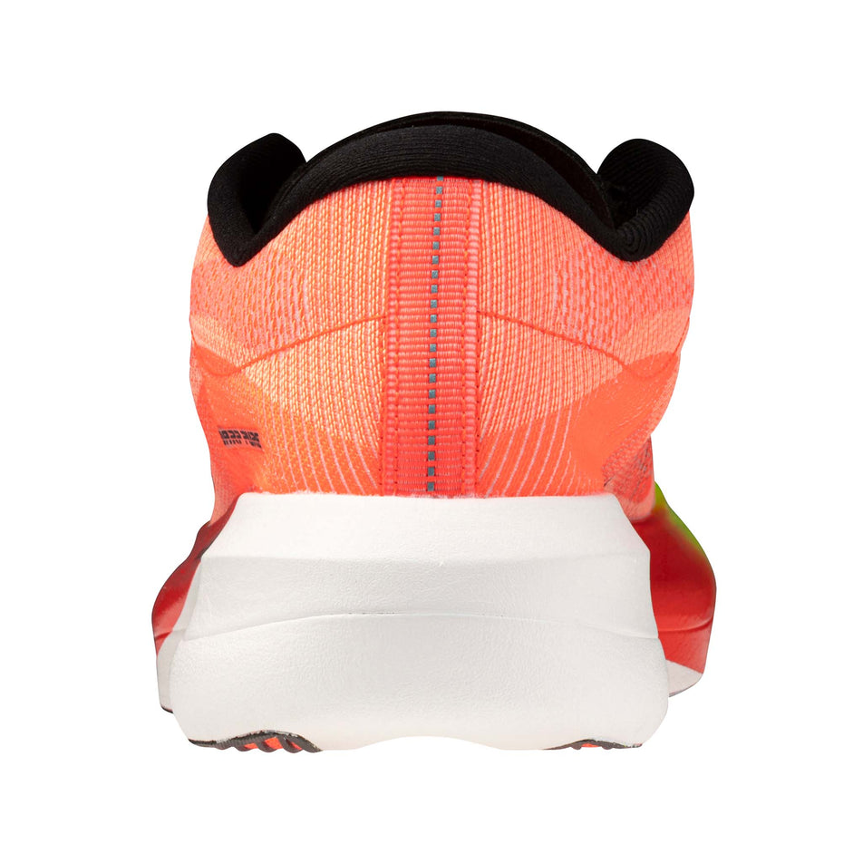 The back of the left shoe from a pair of Mizuno Unisex Hyperwarp Pure Running Shoes in the Lava Orange/Black/Lightning Yellow colourway.