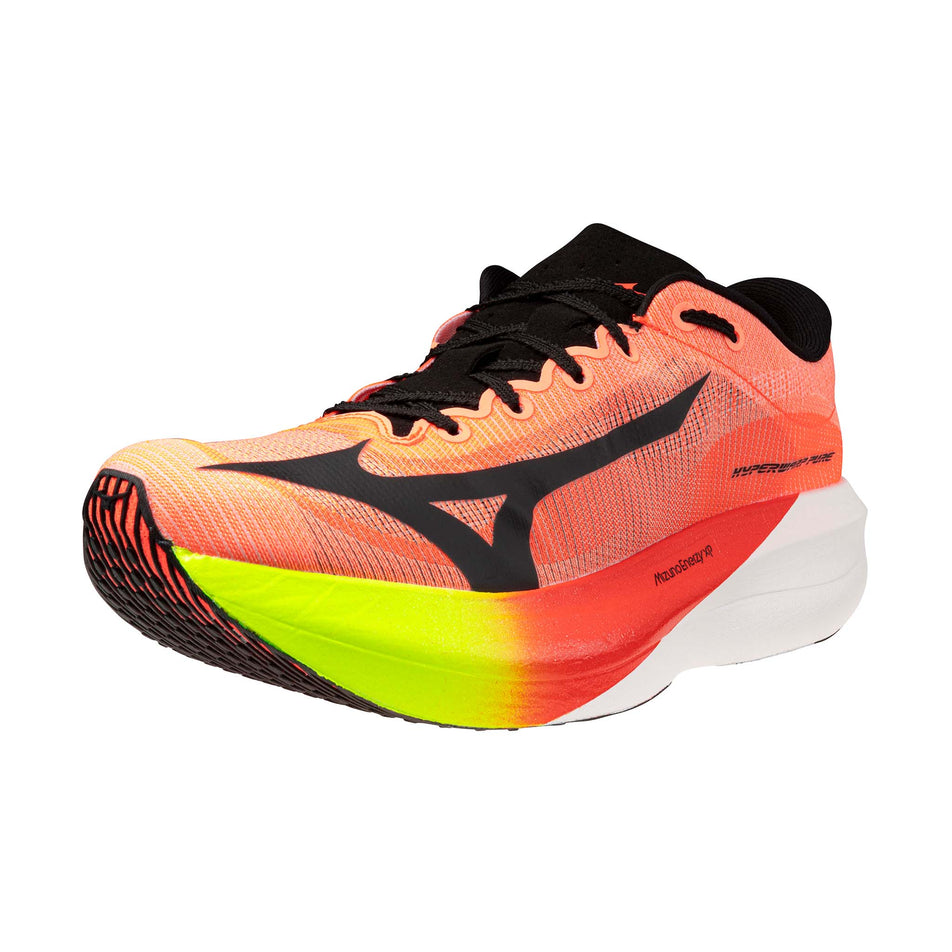Lateral view of the left shoe from a pair of Mizuno Unisex Hyperwarp Pure Running Shoes in the Lava Orange/Black/Lightning Yellow colourway.