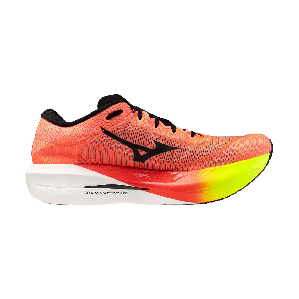Medial view of the left shoe from a pair of Mizuno Unisex Hyperwarp Pure Running Shoes in the Lava Orange/Black/Lightning Yellow colourway.