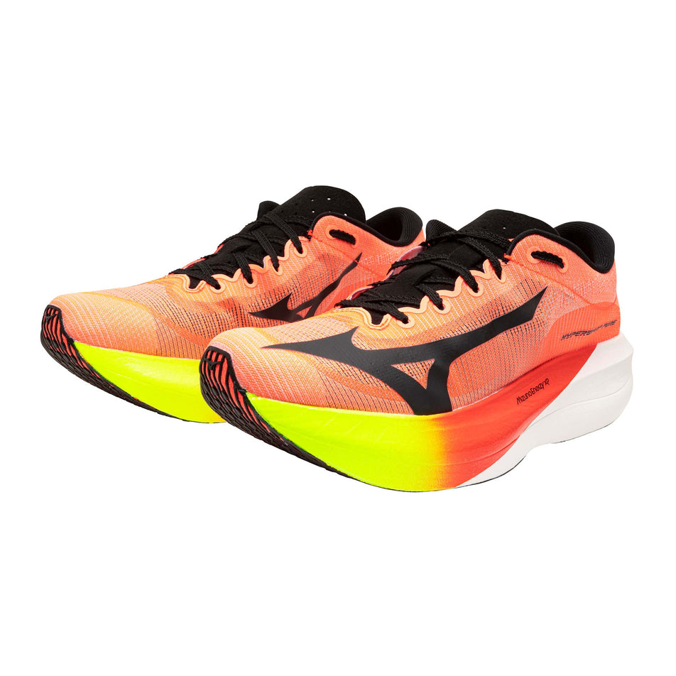 A pair of Mizuno Unisex Hyperwarp Pure Running Shoes in the Lava Orange/Black/Lightning Yellow colourway.