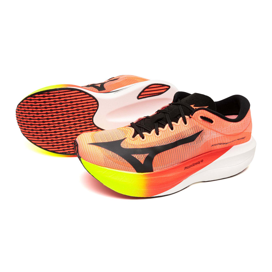 A pair of Mizuno Unisex Hyperwarp Pure Running Shoes in the Lava Orange/Black/Lightning Yellow colourway.