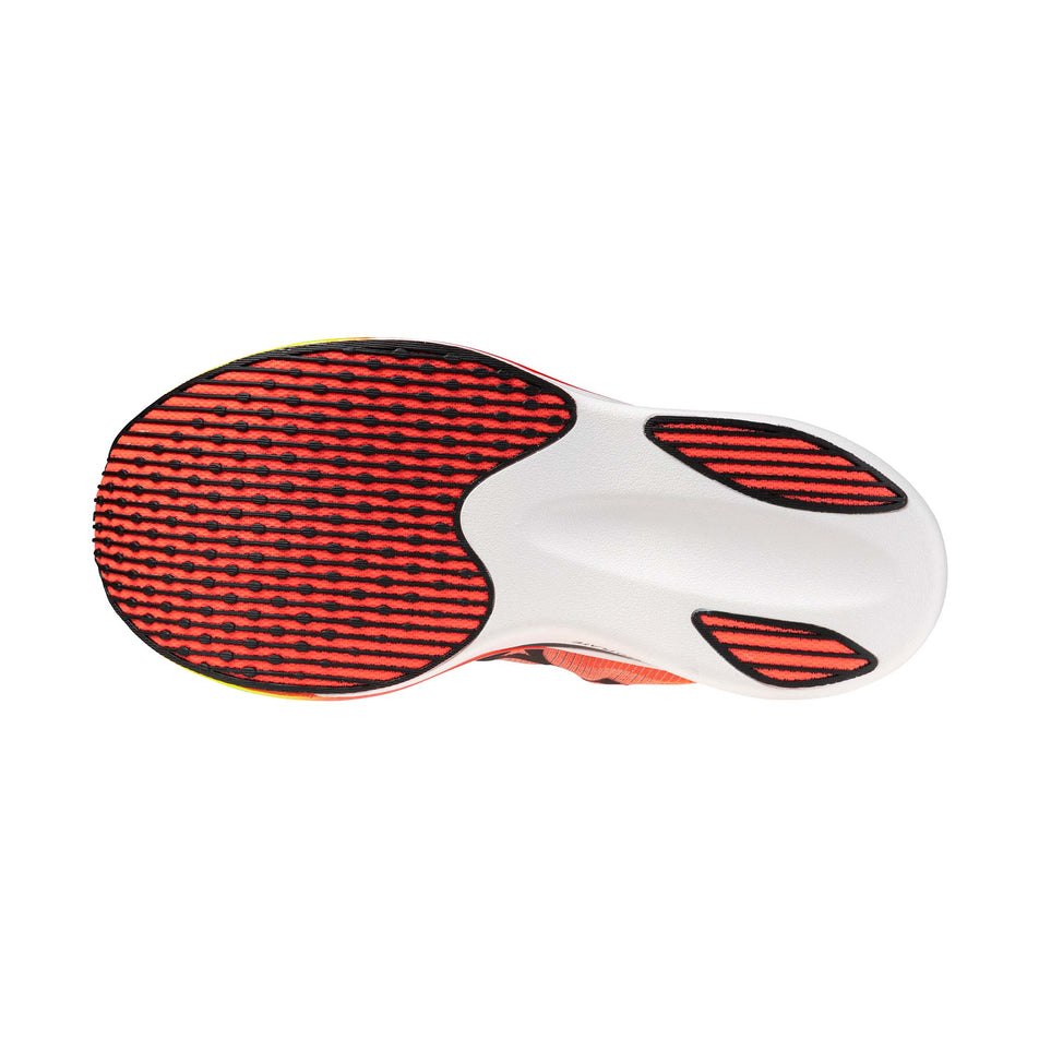 The outsole of the left shoe from a pair of Mizuno Unisex Hyperwarp Pure Running Shoes in the Lava Orange/Black/Lightning Yellow colourway.