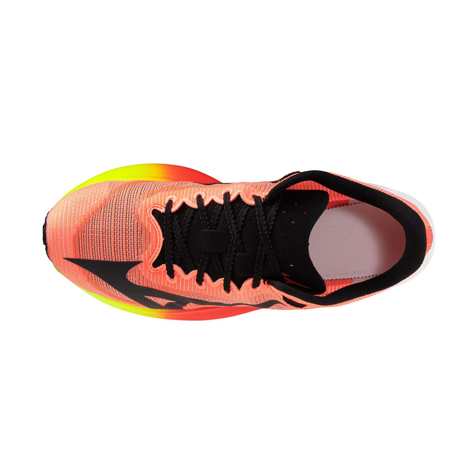 The upper of the left shoe from a pair of Mizuno Unisex Hyperwarp Pure Running Shoes in the Lava Orange/Black/Lightning Yellow colourway.