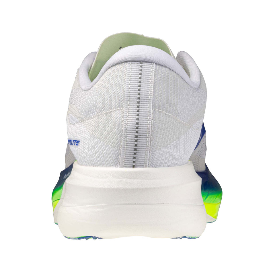 The back of the left shoe from a pair of Mizuno Unisex Hyperwarp Elite Running Shoes in the White/Lightning Yellow/Dazzling Blue colourway.
