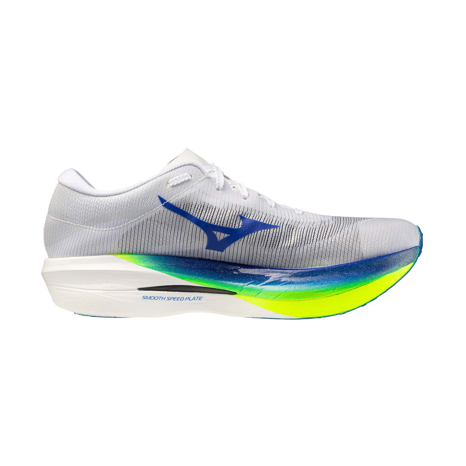 Medial view of the left shoe from a pair of Mizuno Unisex Hyperwarp Elite Running Shoes in the White/Lightning Yellow/Dazzling Blue colourway.