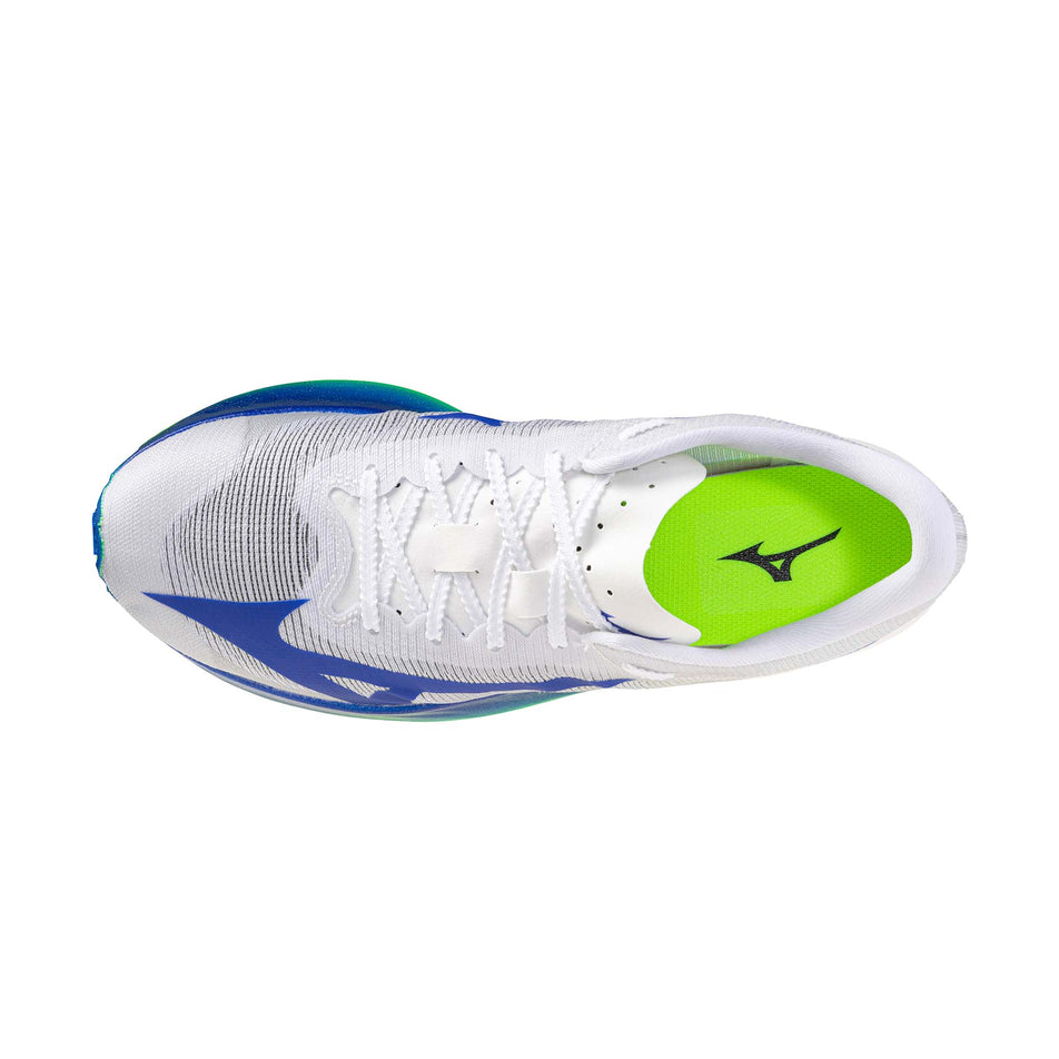 The upper of the left shoe from a pair of Mizuno Unisex Hyperwarp Elite Running Shoes in the White/Lightning Yellow/Dazzling Blue colourway.
