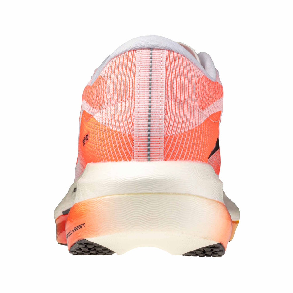 The back of the left shoe from a pair of Mizuno Unisex Hyperwarp Pro Running Shoes in the White/Black/Lava Orange colourway.