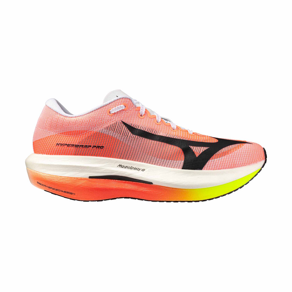 Lateral view of the right shoe from a pair of Mizuno Unisex Hyperwarp Pro Running Shoes in the White/Black/Lava Orange colourway.