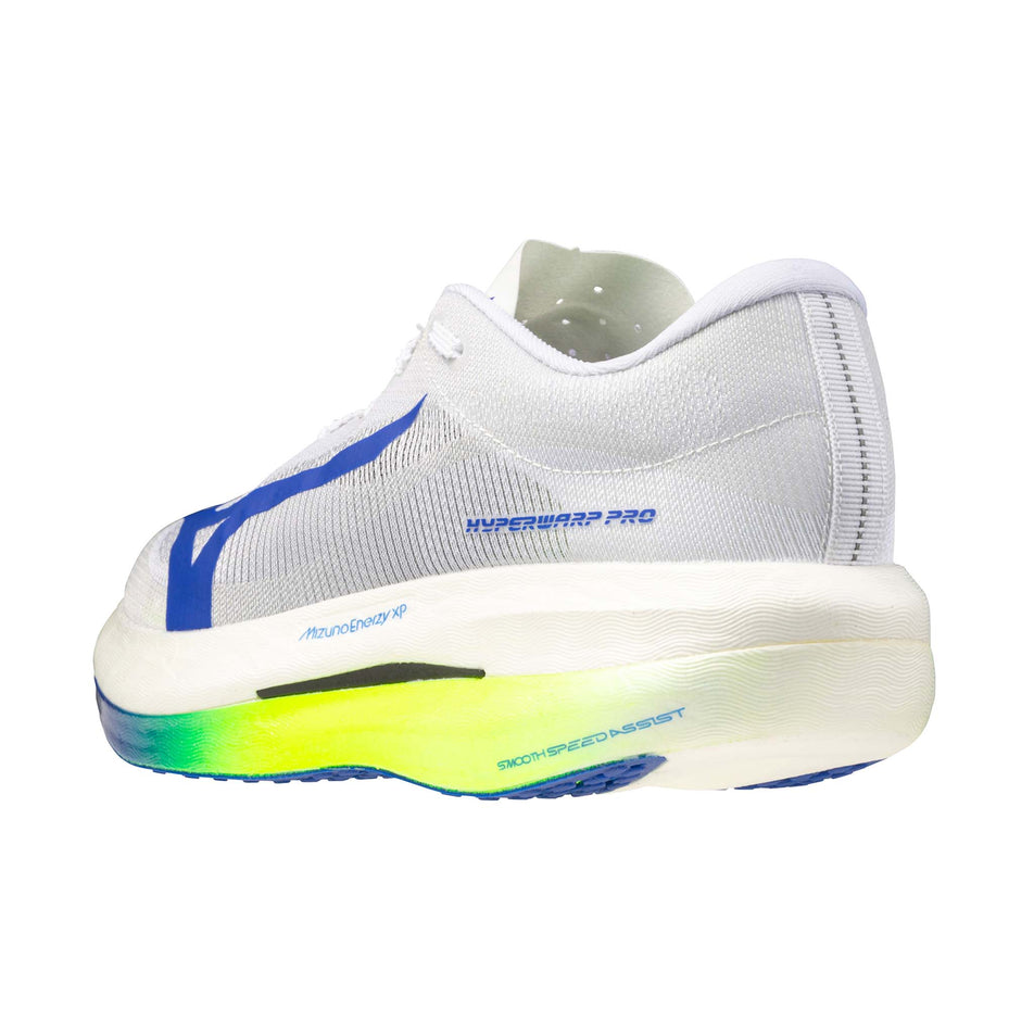 Lateral view of the left shoe from a pair of Mizuno Unisex Hyperwarp Pro Running Shoes in the White/Lightning Yellow/Dazzling Blue colourway.