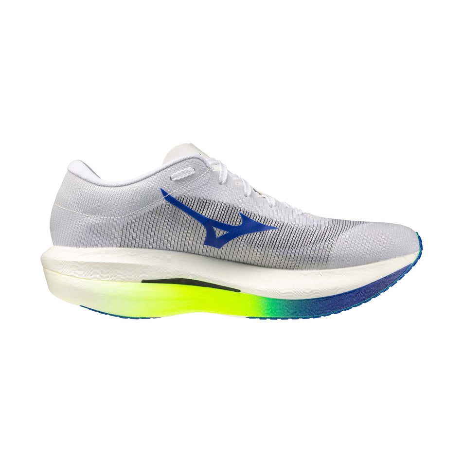 Medial view of the left shoe from a pair of Mizuno Unisex Hyperwarp Pro Running Shoes in the White/Lightning Yellow/Dazzling Blue colourway.