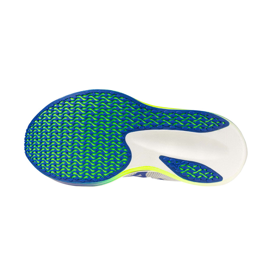 The outsole of the left shoe from a pair of Mizuno Unisex Hyperwarp Pro Running Shoes in the White/Lightning Yellow/Dazzling Blue colourway.