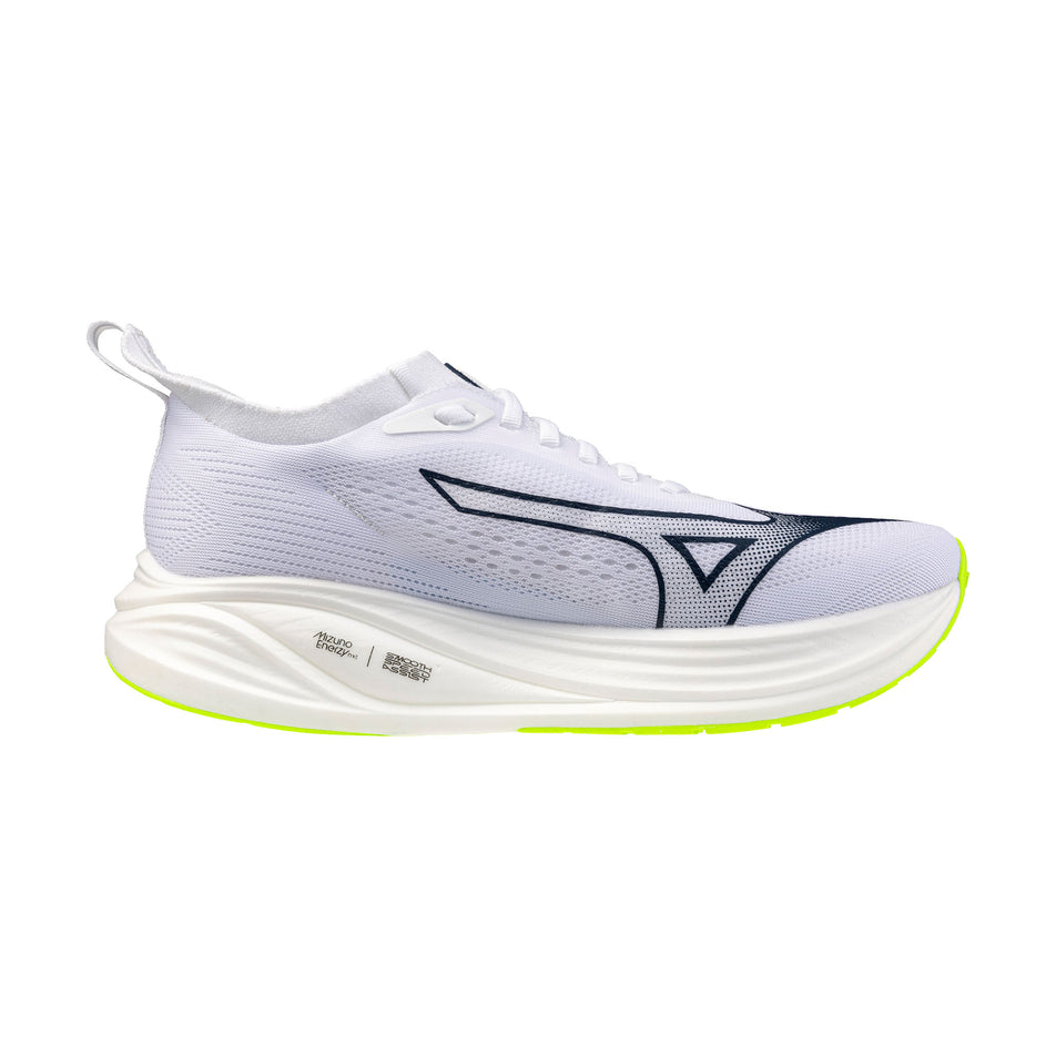 Medial view of the right shoe from a pair of Mizuno Men's Neo Zen 2 Running Shoes in the White/Estate Blue/Lightning Yellow colourway.