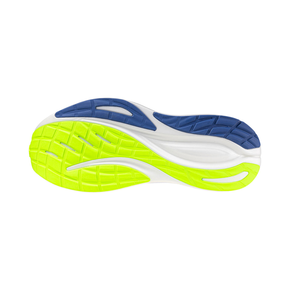 The outsole of the left shoe from a pair of Mizuno Men's Neo Zen 2 Running Shoes in the White/Estate Blue/Lightning Yellow colourway.