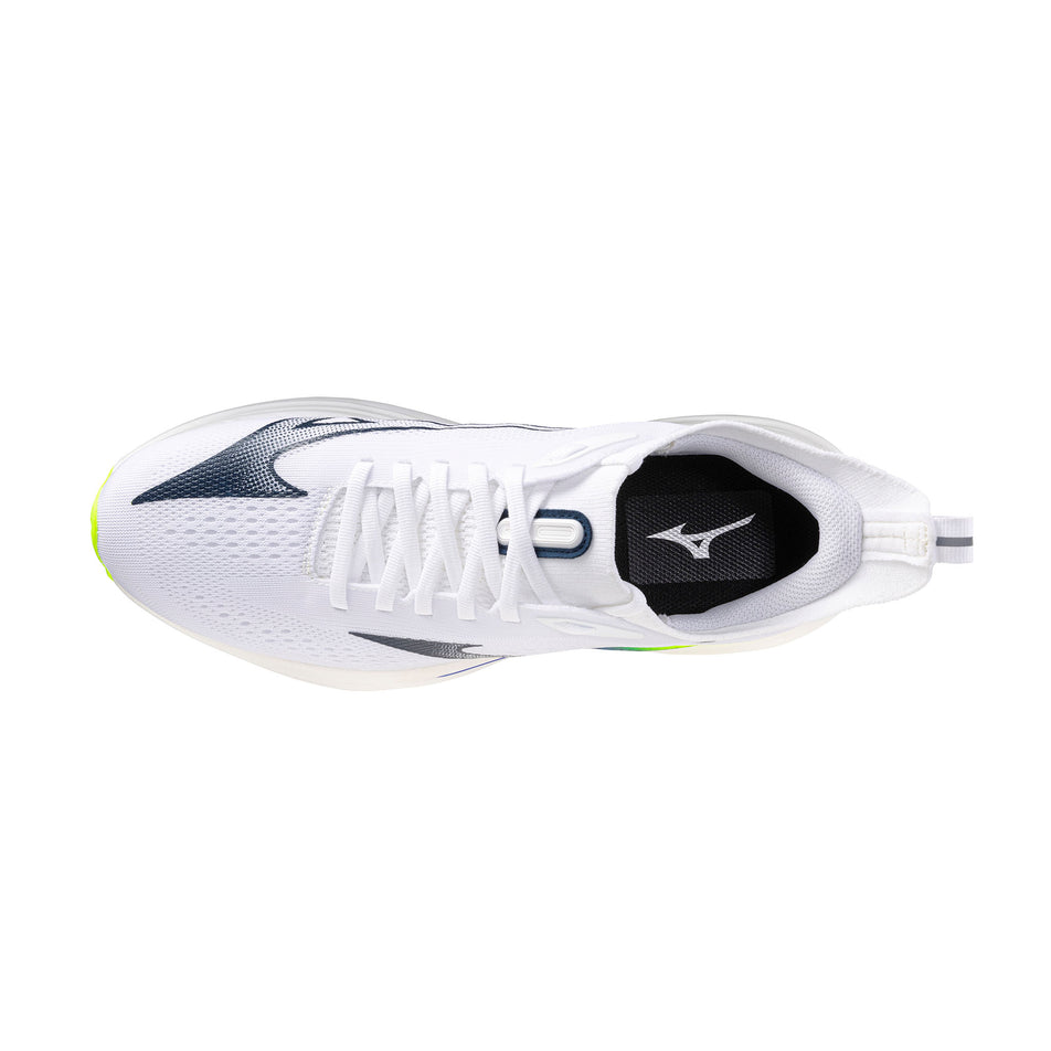 The upper of the left shoe from a pair of Mizuno Men's Neo Zen 2 Running Shoes in the White/Estate Blue/Lightning Yellow colourway.