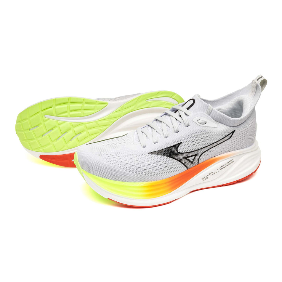 A pair of Mizuno Men's Neo Zen 2 Running Shoes in the Cloudscape/Black/Orange.com colourway.
