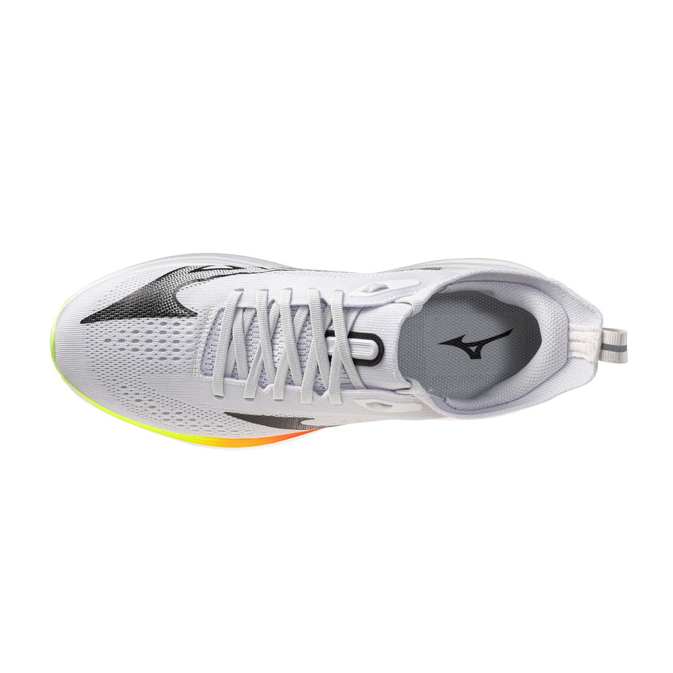 The upper of the left shoe from a pair of Mizuno Men's Neo Zen 2 Running Shoes in the Cloudscape/Black/Orange.com colourway.