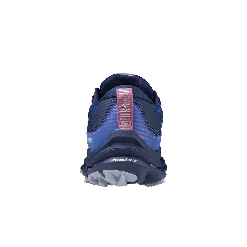 Back of the left shoe from a pair of Mizuno Women's Wave Rider TT Running Shoes in the Blue Depths/Beveled Glass/Vivid Orchid colourway (7931076313250)
