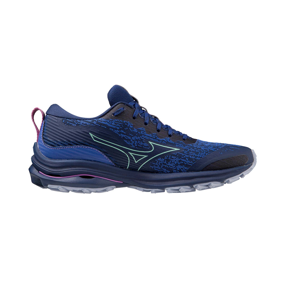 Medial side of the left shoe from a pair of Mizuno Women's Wave Rider TT Running Shoes in the Blue Depths/Beveled Glass/Vivid Orchid colourway (7931076313250)