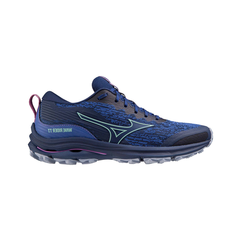 Lateral side of the right shoe from a pair of Mizuno Women's Wave Rider TT Running Shoes in the Blue Depths/Beveled Glass/Vivid Orchid colourway (7931076313250)