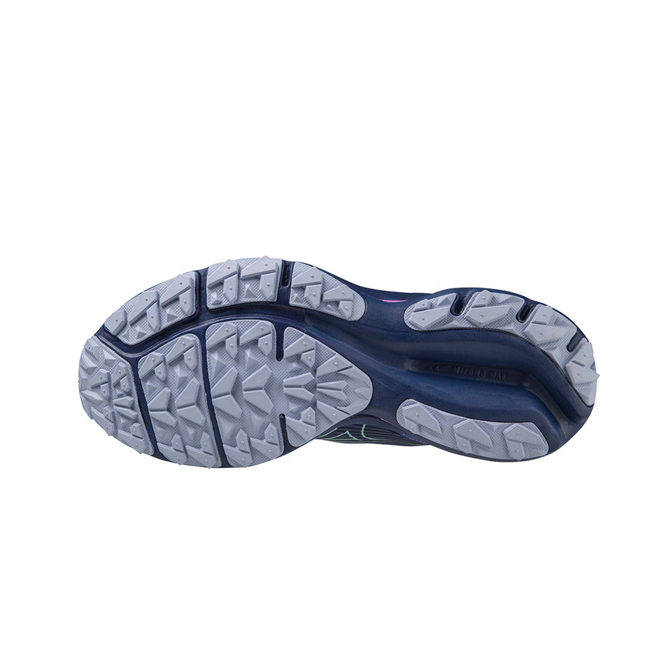 Outsole of the left shoe from a pair of Mizuno Women's Wave Rider TT Running Shoes in the Blue Depths/Beveled Glass/Vivid Orchid colourway (7931076313250)
