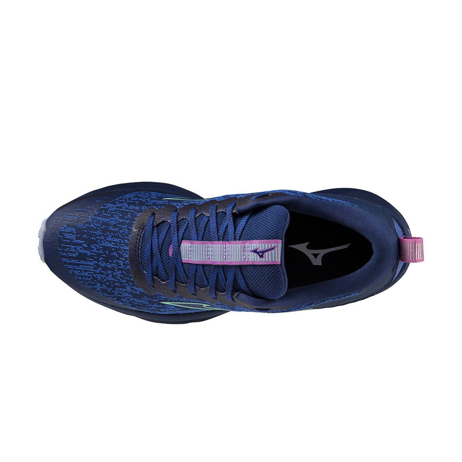 Upper of the left shoe from a pair of Mizuno Women's Wave Rider TT Running Shoes in the Blue Depths/Beveled Glass/Vivid Orchid colourway (7931076313250)