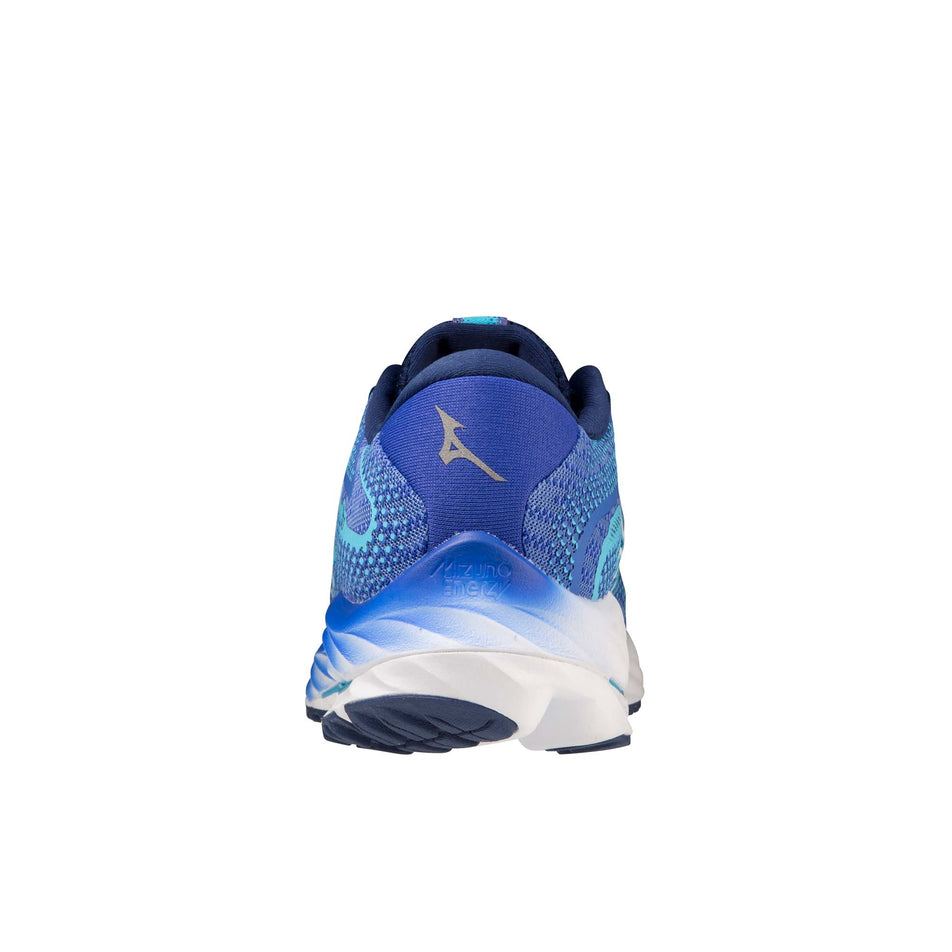 The back of the left shoe from a pair of Mizuno Women's Wave Rider 27 Running Shoes in the Ultramarine/White/Aquarius colourway (7926843736226)