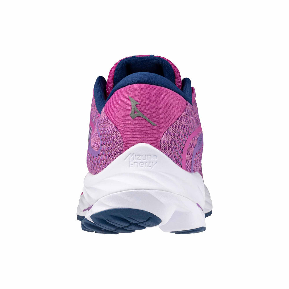 Back of the left shoe from a pair of Mizuno Wave Rider 27 Running Shoes in the Rosebud/White/Navy Peony colourway (8121673285794)