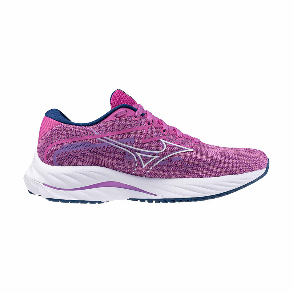 Medial side of the left shoe from a pair of Mizuno Wave Rider 27 Running Shoes in the Rosebud/White/Navy Peony colourway (8121673285794)