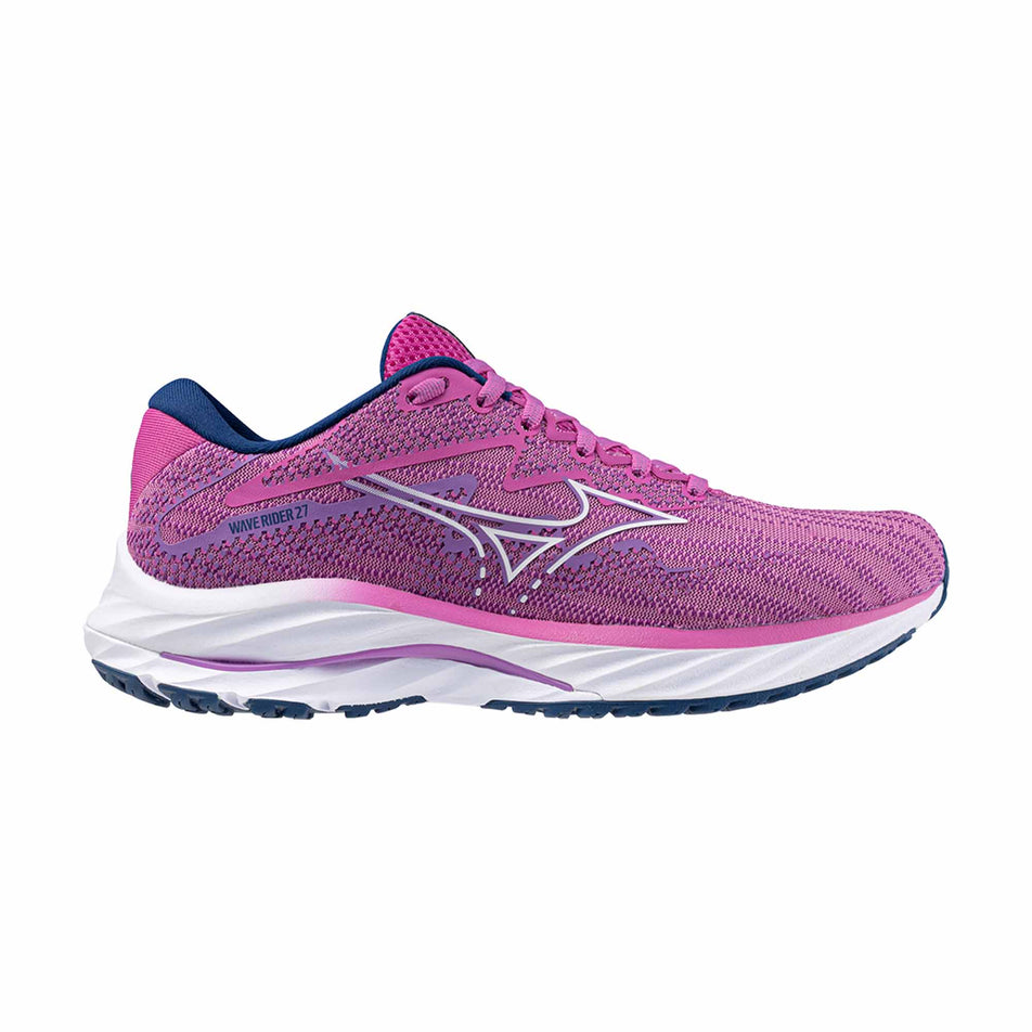 Lateral side of the right shoe from a pair of Mizuno Wave Rider 27 Running Shoes in the Rosebud/White/Navy Peony colourway (8121673285794)