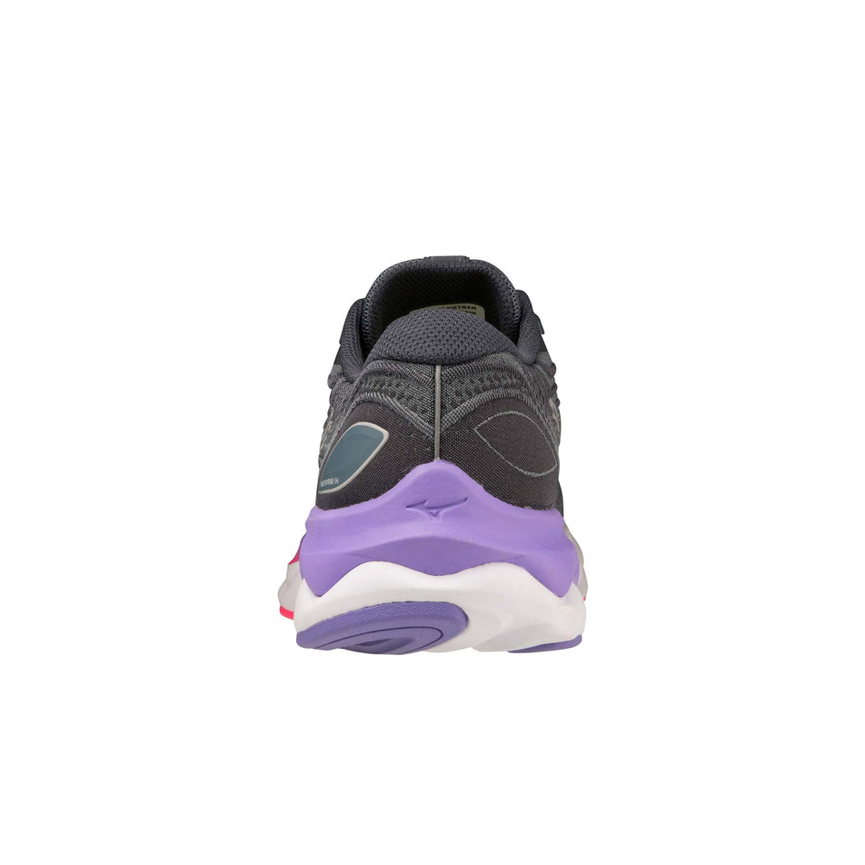 Back of the left shoe from a pair of Mizuno Women's Wave Skyrise 4 Running Shoes in the Stormy Weather/Pearl Blue/Purple Punch colourway (7983539454114)