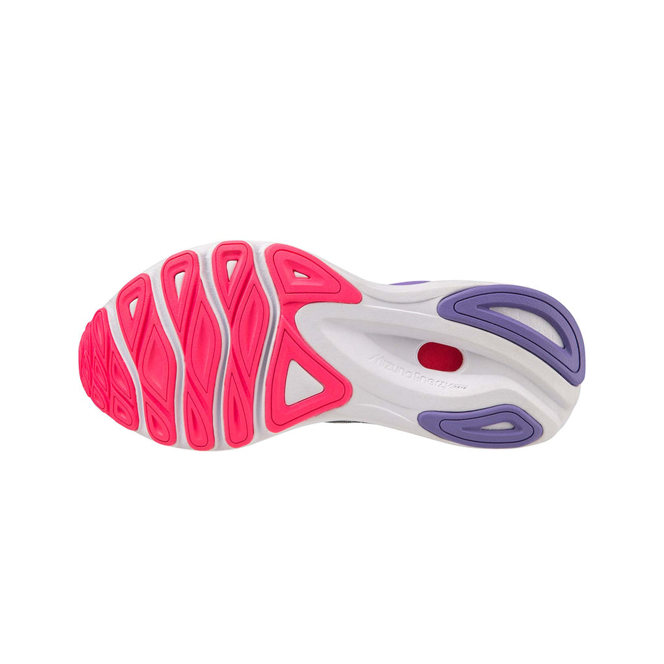 Outsole of the left shoe from a pair of Mizuno Women's Wave Skyrise 4 Running Shoes in the Stormy Weather/Pearl Blue/Purple Punch colourway (7983539454114)