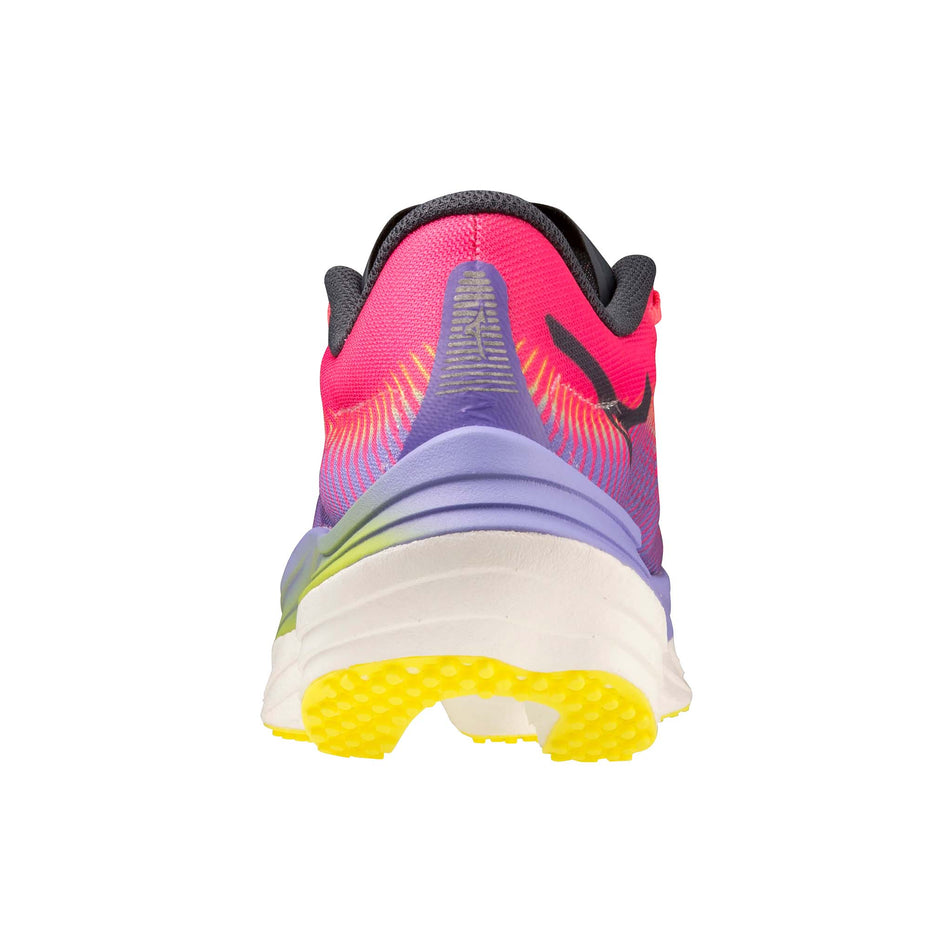 Back of the left shoe from a pair of Mizuno Wave Rebellion Pro Running Shoes in the High-Vis Pink/Ombre Blue/Purple Punch colourway (7983585984674)