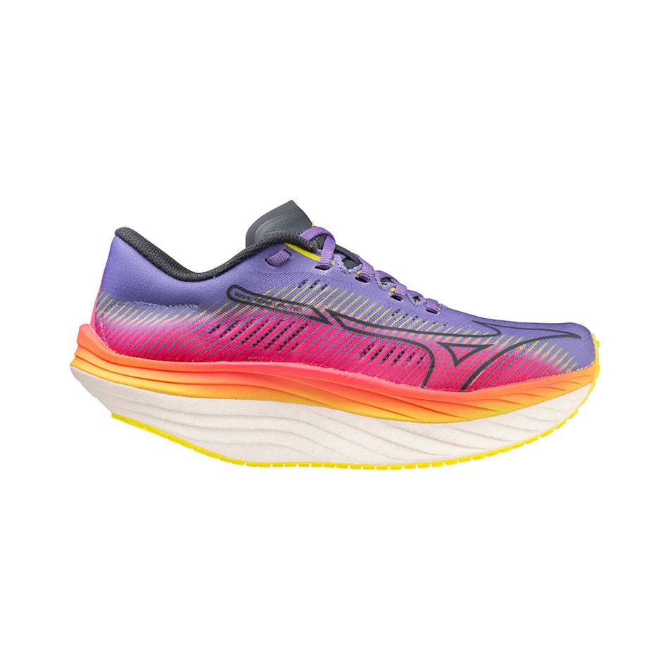 Lateral side of the right shoe from a pair of Mizuno Wave Rebellion Pro Running Shoes in the High-Vis Pink/Ombre Blue/Purple Punch colourway (7983585984674)