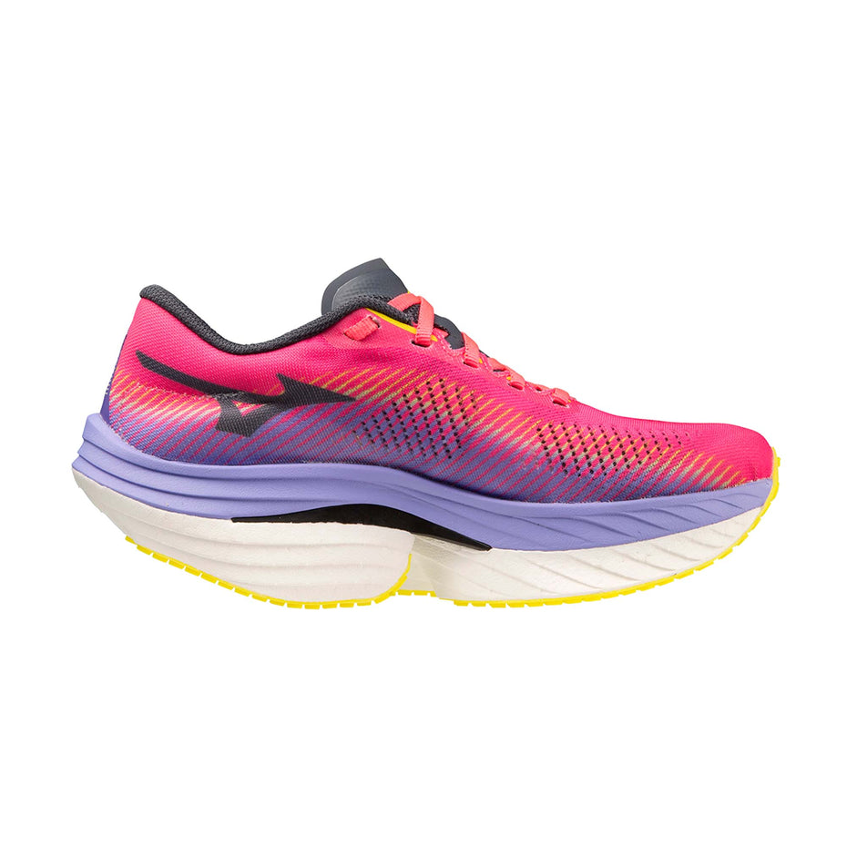 Medial side of the left shoe from a pair of Mizuno Wave Rebellion Pro Running Shoes in the High-Vis Pink/Ombre Blue/Purple Punch colourway (7983585984674)