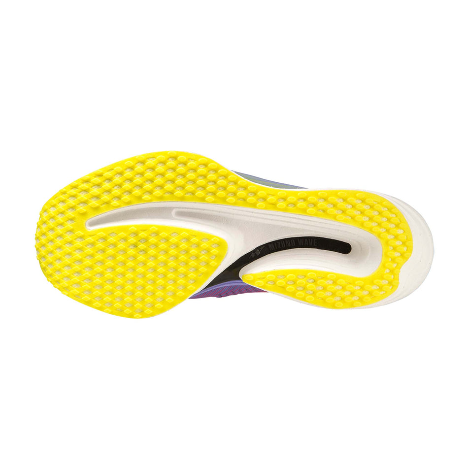 Outsole of the left shoe from a pair of Mizuno Wave Rebellion Pro Running Shoes in the High-Vis Pink/Ombre Blue/Purple Punch colourway (7983585984674)