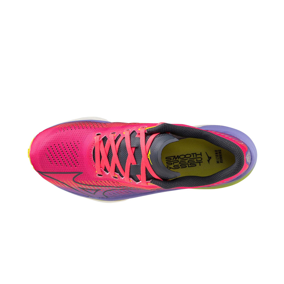The upper of the left shoe from a pair of Mizuno Wave Rebellion Pro Running Shoes in the High-Vis Pink/Ombre Blue/Purple Punch colourway (7983585984674)