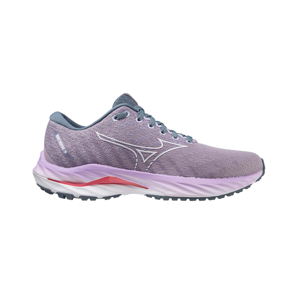 Lateral side of the right shoe from a pair of Mizuno Women's Wave Inspire 19 Running Shoes in the Wisteria/White colourway. (8077184499874)