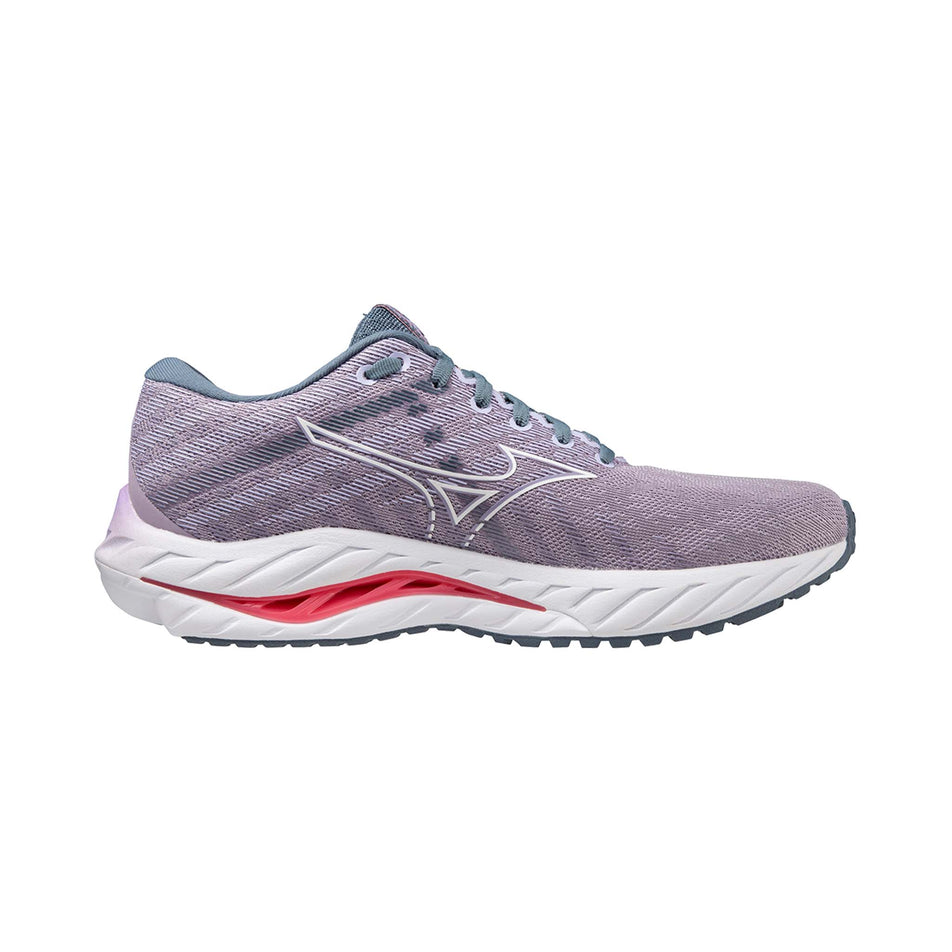 Medial side of the left shoe from a pair of Mizuno Women's Wave Inspire 19 Running Shoes in the Wisteria/White colourway. (8077184499874)
