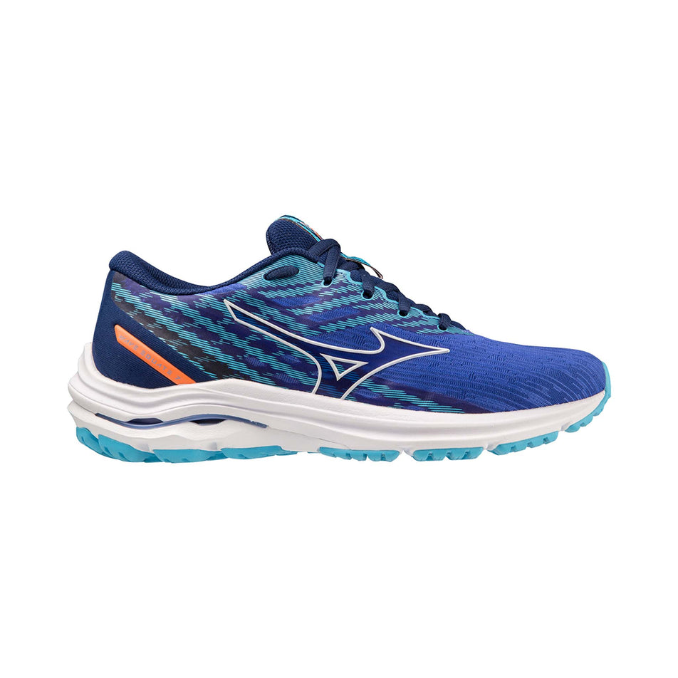 Lateral side of the right shoe from a pair of Mizuno Women's Wave Equate 7 Running Shoes in the Dazzling Blue/White/Neon Flame colourway (7931073953954)