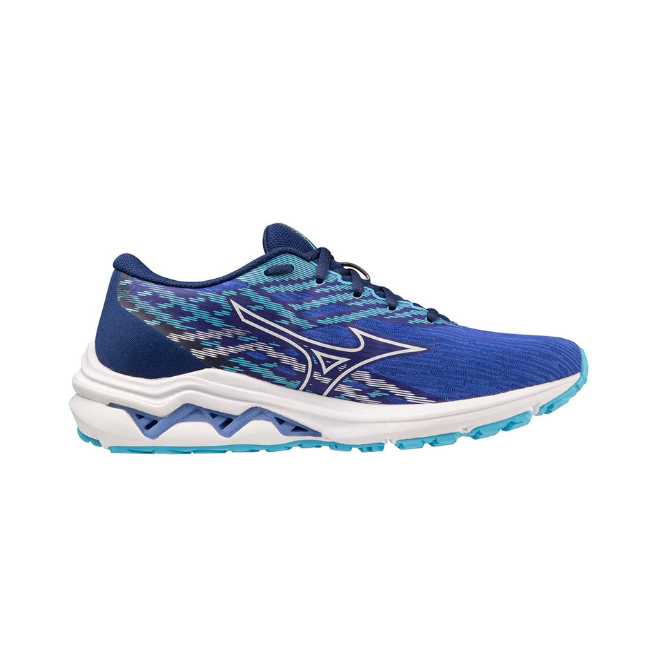 Medial side of the left shoe from a pair of Mizuno Women's Wave Equate 7 Running Shoes in the Dazzling Blue/White/Neon Flame colourway (7931073953954)