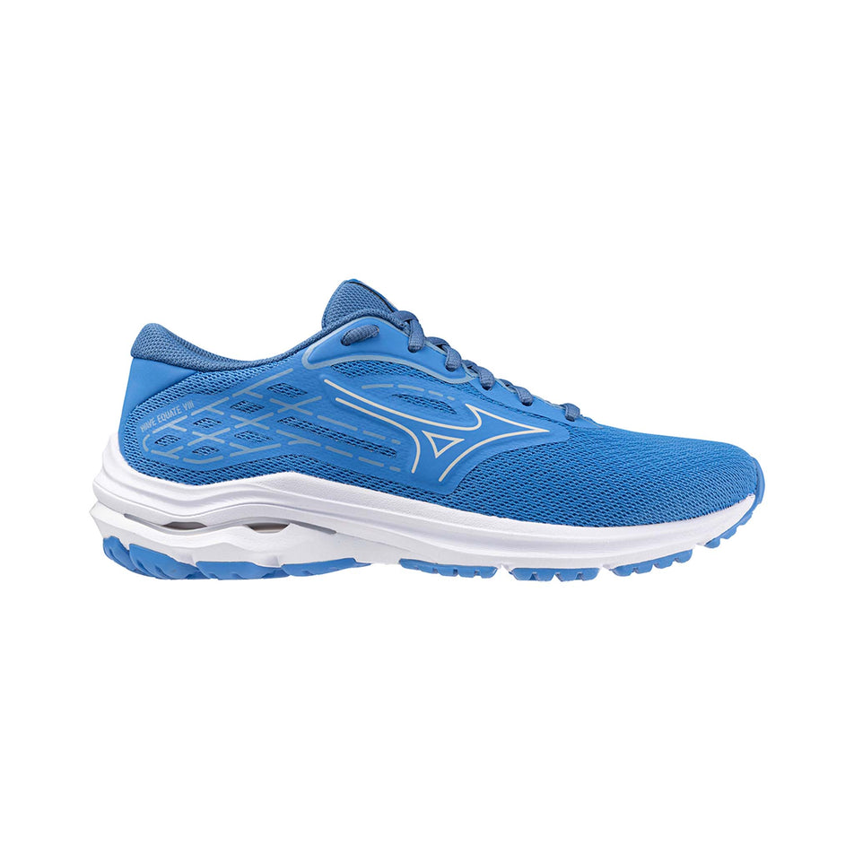 Lateral side of the right shoe from a pair of Mizuno Women's Wave Equate 8 Running Shoes in the Marina/Nimbus Cloud/Federal Blue colourway (8146850513058)