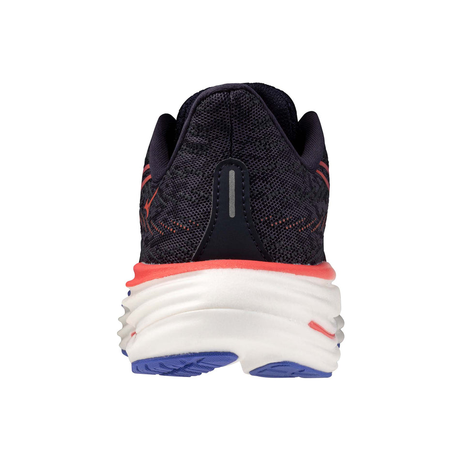 The back of the left shoe from a pair of Mizuno Women's Wave Rider 29 Running Shoes in the Odyssey Gray/Iris Bloom/Calypso Coral colourway. (8675492004002)