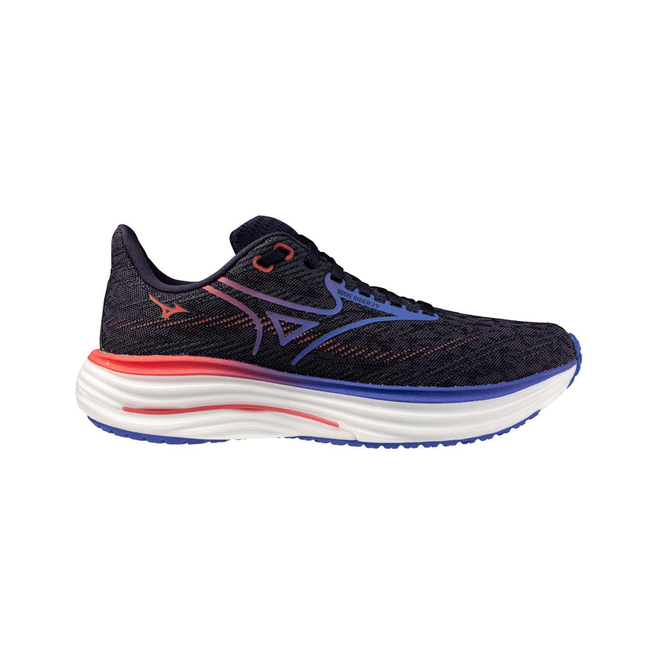 Lateral view of the right shoe from a pair of Mizuno Women's Wave Rider 29 Running Shoes in the Odyssey Gray/Iris Bloom/Calypso Coral colourway. (8675492004002)