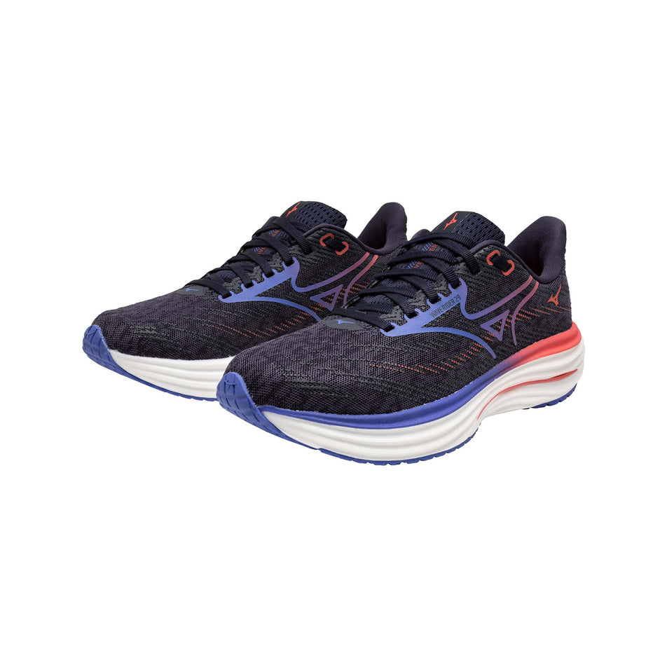 A pair of Mizuno Women's Wave Rider 29 Running Shoes in the Odyssey Gray/Iris Bloom/Calypso Coral colourway. (8675492004002)