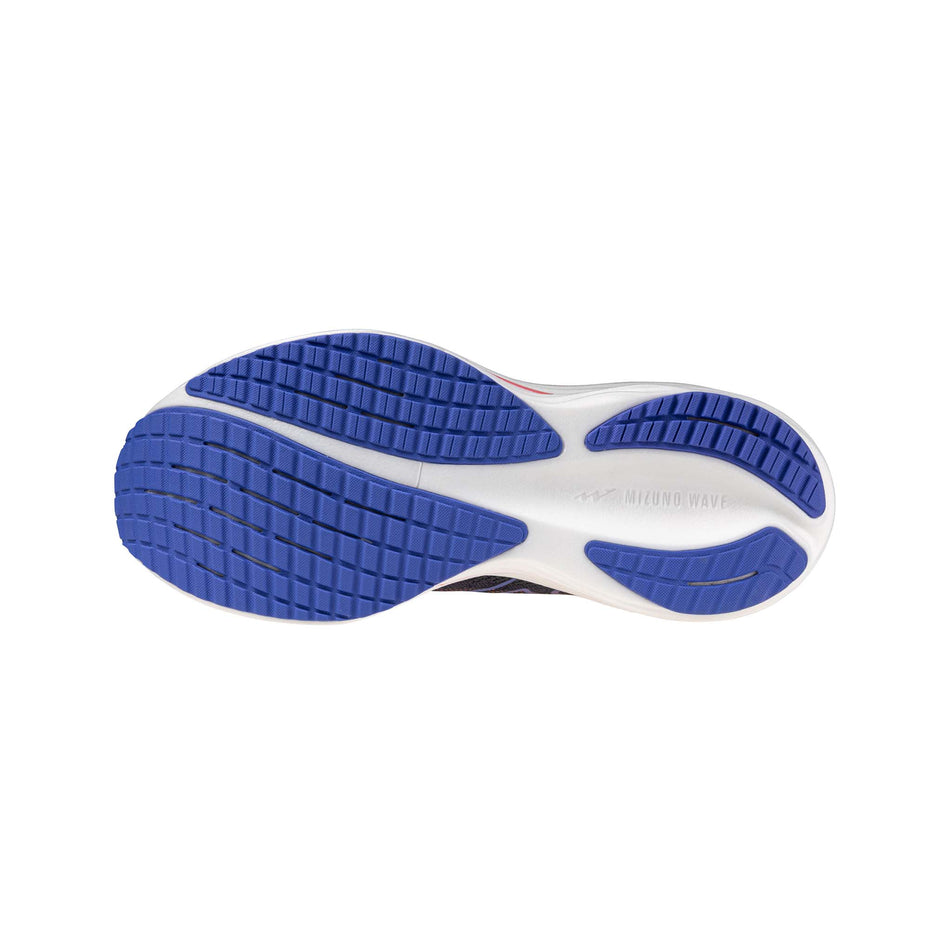 The outsole of the left shoe from a pair of Mizuno Women's Wave Rider 29 Running Shoes in the Odyssey Gray/Iris Bloom/Calypso Coral colourway. (8675492004002)